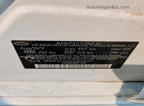 5NPE34AF0JH633657 2018 HYUNDAI SONATA White VIN კოდის სტიკერის ხედი