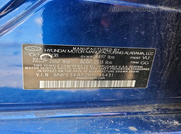 5NPE34AF0KH746431 2019 HYUNDAI SONATA Blue Vista de la etiqueta del VIN
