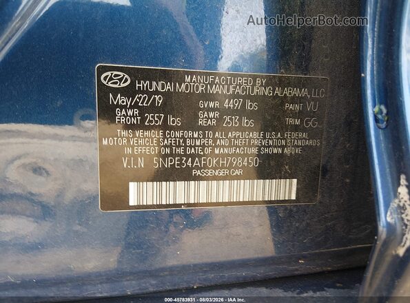 5NPE34AF0KH798450 2019 HYUNDAI SONATA Blue Вид підкапотного простору