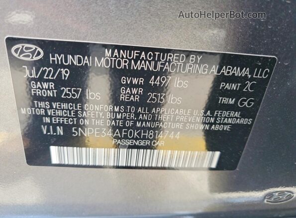 5NPE34AF0KH814744 2019 HYUNDAI SONATA Серый Вид подкапотного пространства