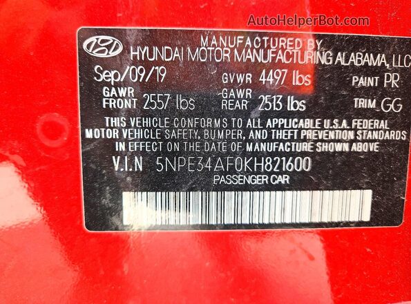 5NPE34AF0KH821600 2019 HYUNDAI SONATA Burgundy VIN կոդի պիտակի տեսք