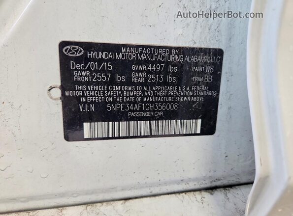 5NPE34AF1GH356008 2016 HYUNDAI SONATA White Vista de la etiqueta del VIN