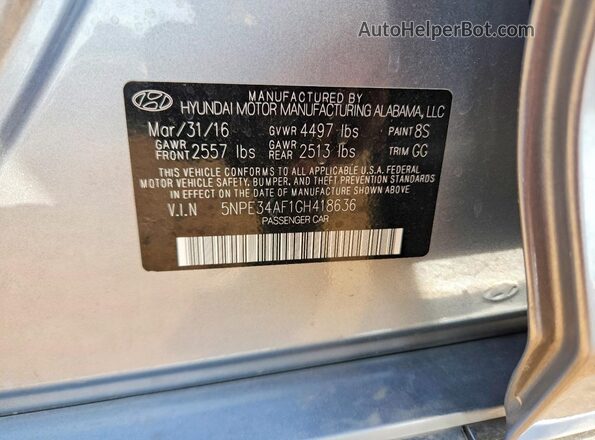 5NPE34AF1GH418636 2016 HYUNDAI SONATA Silver Vista de la etiqueta del VIN