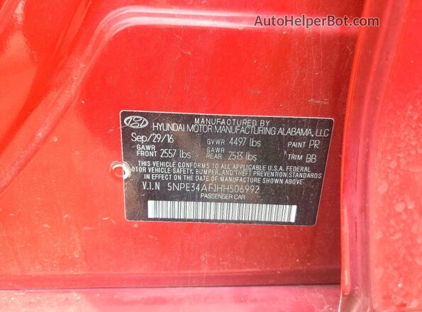 5NPE34AF1HH506992 2017 HYUNDAI SONATA Red Vista del compartimento del motor