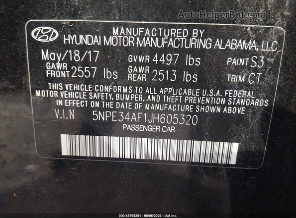 5NPE34AF1JH605320 2018 HYUNDAI SONATA Черный Вид подкапотного пространства