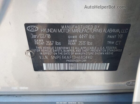 5NPE34AF1JH680440 2018 HYUNDAI SONATA Silver Շարժիչի բաժամունքի տեսք