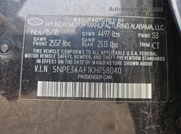 5NPE34AF1KH758040 2019 HYUNDAI SONATA Black VIN կոդի պիտակի տեսք