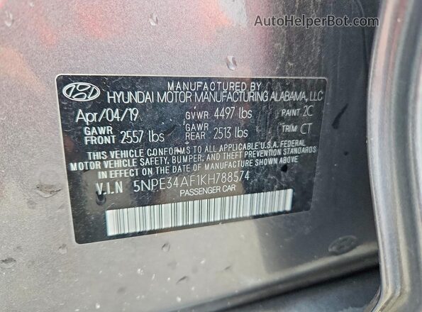 5NPE34AF1KH788574 2019 HYUNDAI SONATA Серый Вид подкапотного пространства
