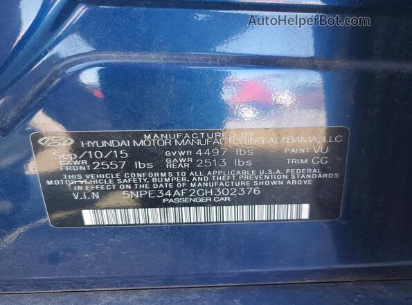 5NPE34AF2GH302376 2016 HYUNDAI SONATA Blue Engine compartment view