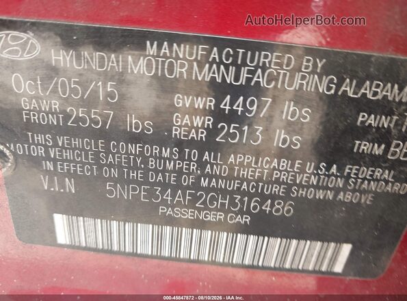 5NPE34AF2GH316486 2016 HYUNDAI SONATA Red ძრავის განყოფილების ხედი