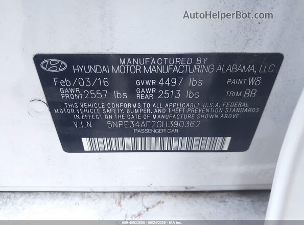 5NPE34AF2GH390362 2016 HYUNDAI SONATA White Вид підкапотного простору