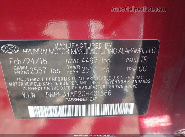 5NPE34AF2GH401666 2016 HYUNDAI SONATA Красный Вид подкапотного пространства
