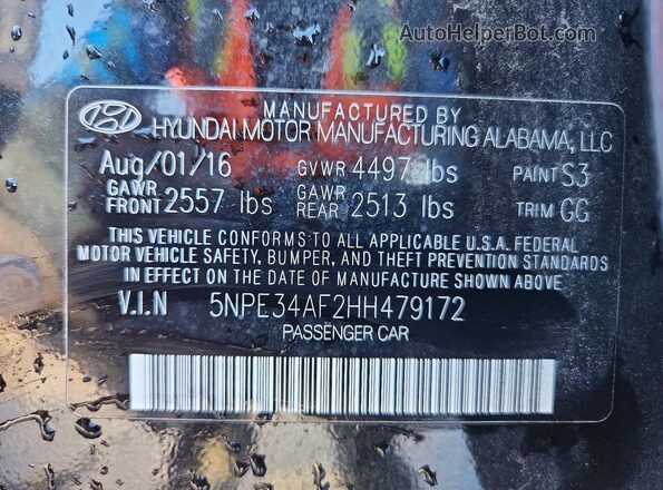 5NPE34AF2HH479172 2017 HYUNDAI SONATA Black Вид підкапотного простору
