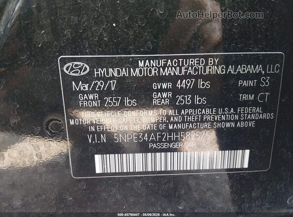 5NPE34AF2HH582575 2017 HYUNDAI SONATA Black Vista del compartimento del motor