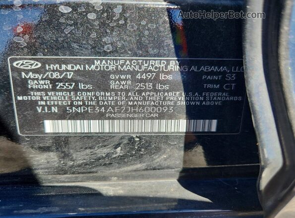 5NPE34AF2JH600093 2018 HYUNDAI SONATA Черный Вид подкапотного пространства