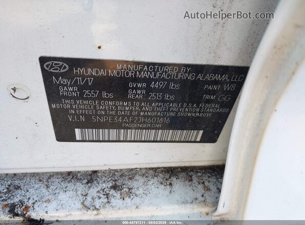 5NPE34AF2JH601616 2018 HYUNDAI SONATA White Շարժիչի բաժամունքի տեսք