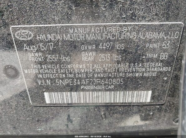 5NPE34AF2JH640805 2018 HYUNDAI SONATA Black Engine compartment view