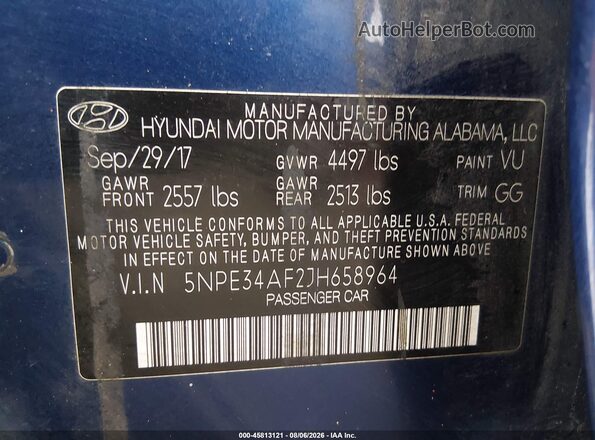 5NPE34AF2JH658964 2018 HYUNDAI SONATA Синий Вид подкапотного пространства