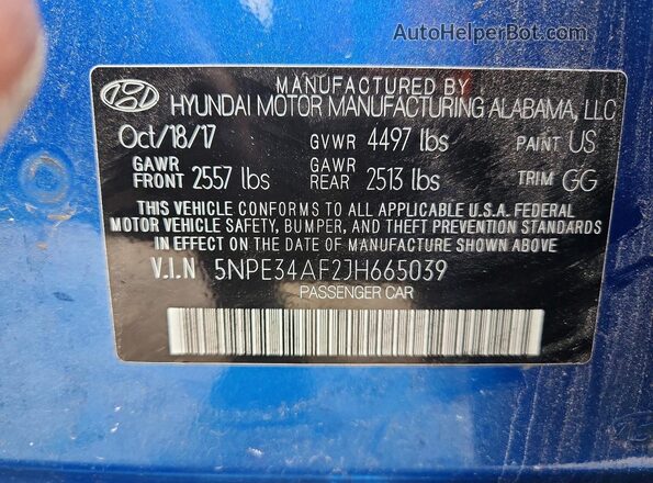 5NPE34AF2JH665039 2018 HYUNDAI SONATA Синий Вид наклейки с VIN-кодом