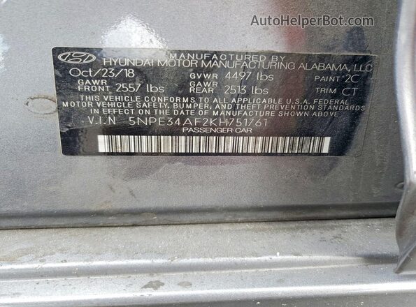 5NPE34AF2KH751761 2019 HYUNDAI SONATA Gray VIN կոդի պիտակի տեսք