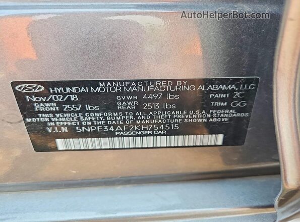 5NPE34AF2KH754515 2019 HYUNDAI SONATA Silver Engine compartment view
