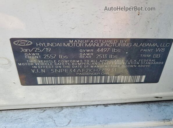 5NPE34AF2KH771931 2019 HYUNDAI SONATA Белый Вид наклейки с VIN-кодом