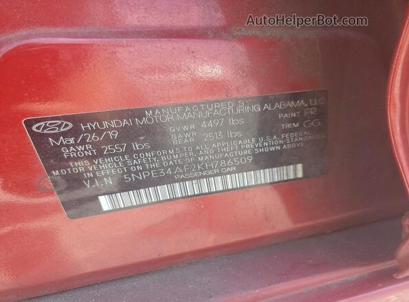 5NPE34AF2KH786509 2019 HYUNDAI SONATA Red Vista del compartimento del motor