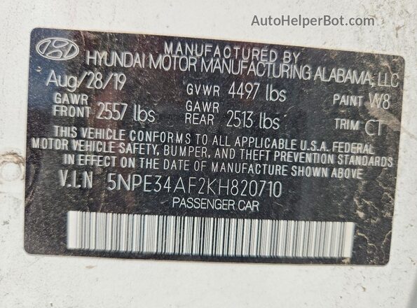 5NPE34AF2KH820710 2019 HYUNDAI SONATA White Widok komory silnika
