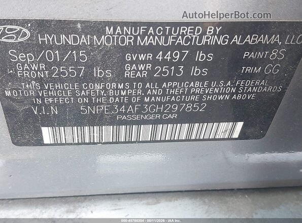 5NPE34AF3GH297852 2016 HYUNDAI SONATA Silver Vista del compartimento del motor