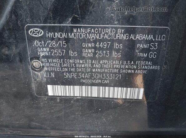 5NPE34AF3GH333121 2016 HYUNDAI SONATA Black Engine compartment view