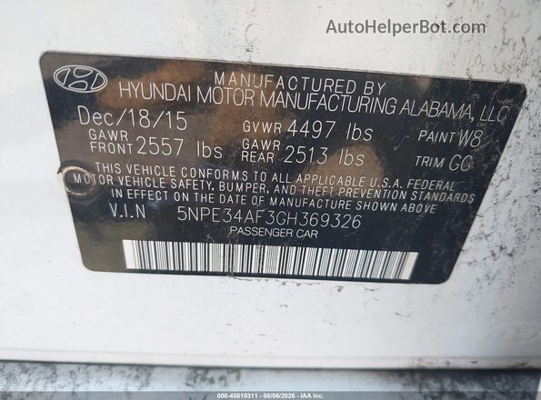 5NPE34AF3GH369326 2016 HYUNDAI SONATA White ძრავის განყოფილების ხედი