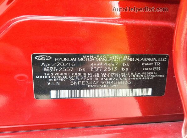 5NPE34AF3GH429833 2016 HYUNDAI SONATA Red Engine compartment view