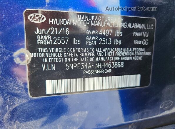 5NPE34AF3HH463868 2017 HYUNDAI SONATA Blue VIN sticker view