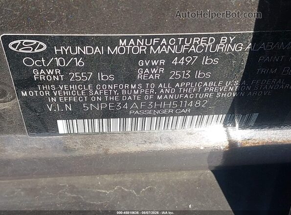 5NPE34AF3HH511482 2017 HYUNDAI SONATA Brown ძრავის განყოფილების ხედი