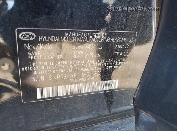 5NPE34AF3HH526838 2017 HYUNDAI SONATA Black VIN კოდის სტიკერის ხედი