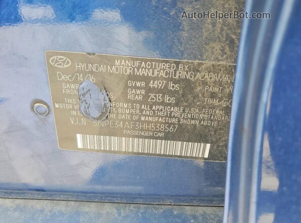 5NPE34AF3HH538567 2017 HYUNDAI SONATA Blue Engine compartment view