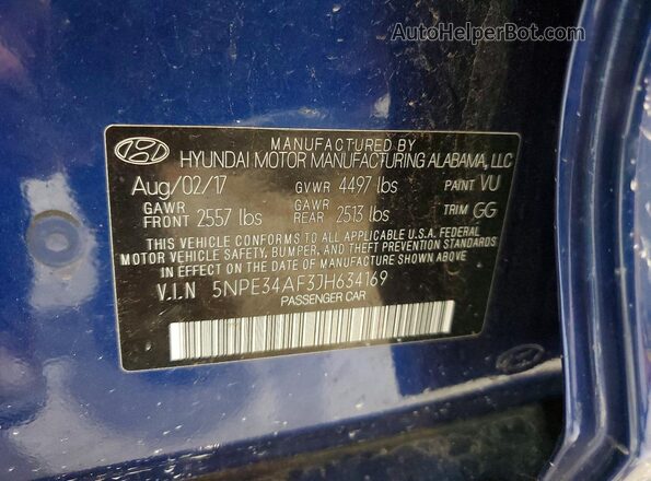 5NPE34AF3JH634169 2018 HYUNDAI SONATA Blue VIN კოდის სტიკერის ხედი