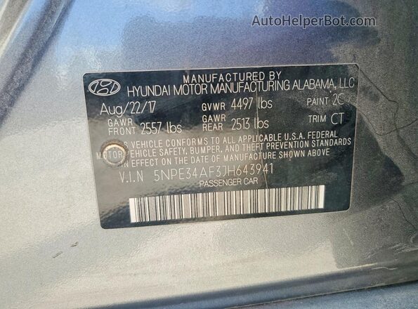 5NPE34AF3JH643941 2018 HYUNDAI SONATA Gray Вид наклейки з VIN-кодом