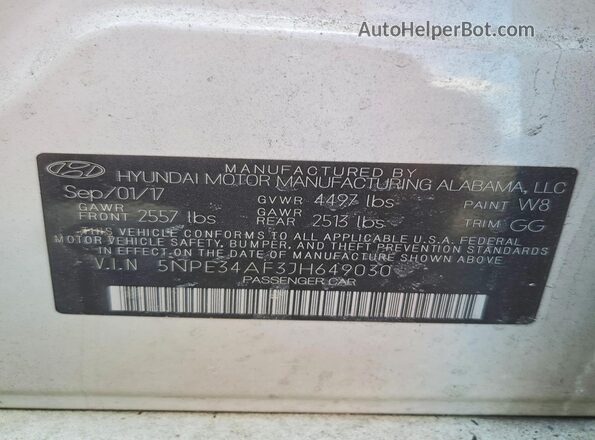 5NPE34AF3JH649030 2018 HYUNDAI SONATA White Vista del compartimento del motor