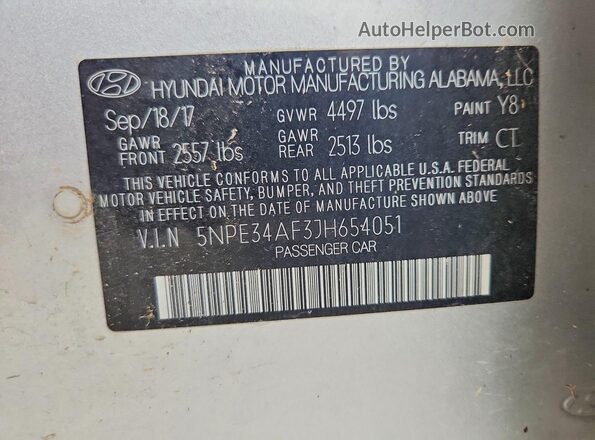 5NPE34AF3JH654051 2018 HYUNDAI SONATA Silver Engine compartment view