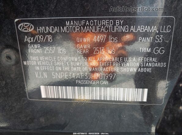 5NPE34AF3JH701997 2018 HYUNDAI SONATA Black Engine compartment view