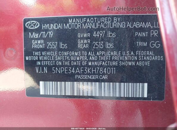 5NPE34AF3KH784011 2019 HYUNDAI SONATA Красный Вид подкапотного пространства