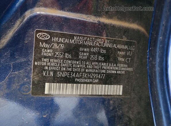 5NPE34AF3KH799477 2019 HYUNDAI SONATA Blue VIN კოდის სტიკერის ხედი
