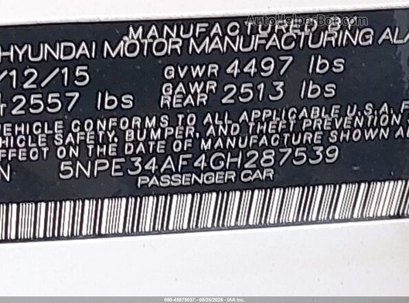 5NPE34AF4GH287539 2016 HYUNDAI SONATA White ძრავის განყოფილების ხედი