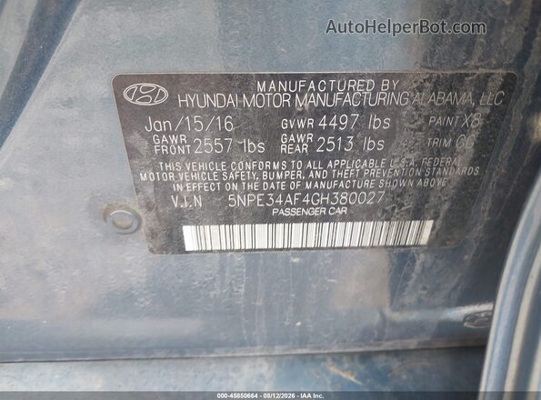 5NPE34AF4GH380027 2016 HYUNDAI SONATA Light Blue Widok komory silnika