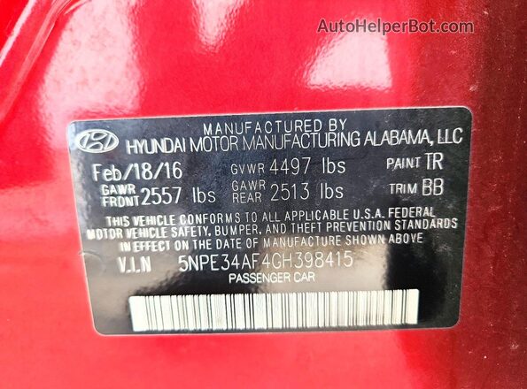 5NPE34AF4GH398415 2016 HYUNDAI SONATA Burgundy Widok naklejki z numerem VIN