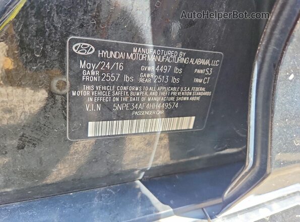 5NPE34AF4HH449574 2017 HYUNDAI SONATA Черный Вид подкапотного пространства