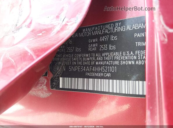 5NPE34AF4HH521101 2017 HYUNDAI SONATA Red ძრავის განყოფილების ხედი