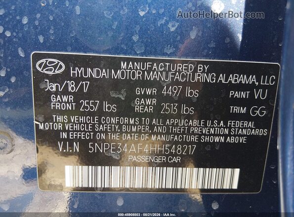 5NPE34AF4HH548217 2017 HYUNDAI SONATA Синий Вид подкапотного пространства