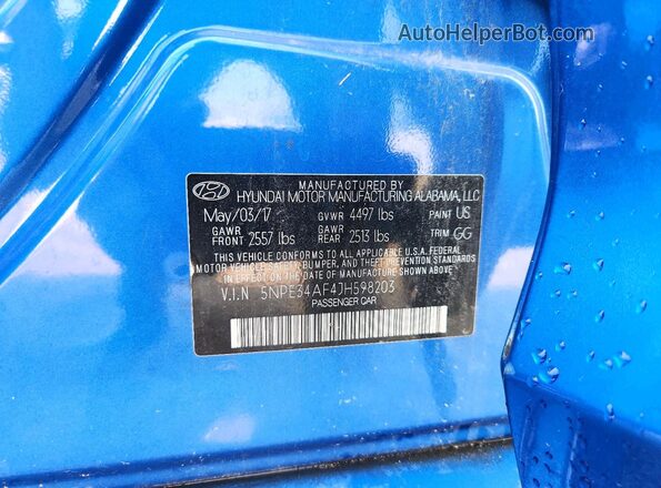5NPE34AF4JH598203 2018 HYUNDAI SONATA Blue VIN კოდის სტიკერის ხედი